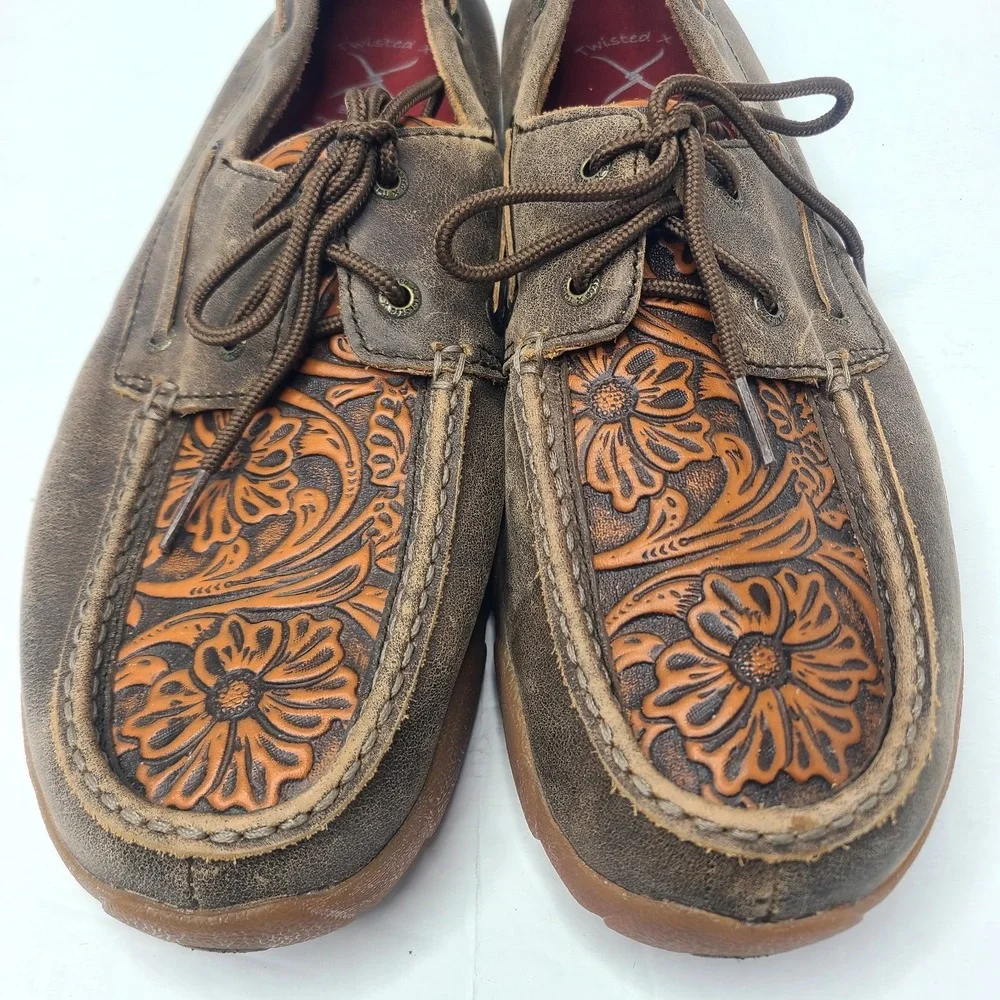 Twisted X Mens Brown Leather Floral Embossed Driving Mocs Boat Shoes 11.5 M